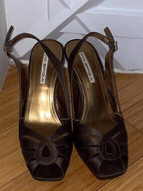 Via Spiga "Rhob" Chocolate Brown Satin Peep-Toe Platform Slingback Heels